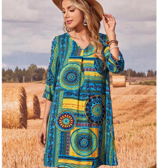 Mandala/Stained Glass Print V Neck Tunic/Mini Dress Multicolor Boho | M / L - Picture 10 of 10